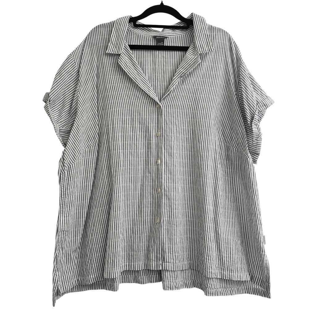 Eddie Bauer Women’s Plus Size 2X Gray Striped Cotton Shirt Coastal Resort Boho
